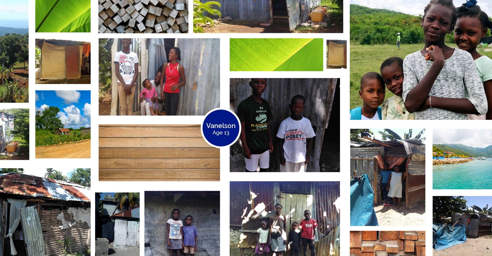 A photo collage of Vanelson's home and family in Haiti