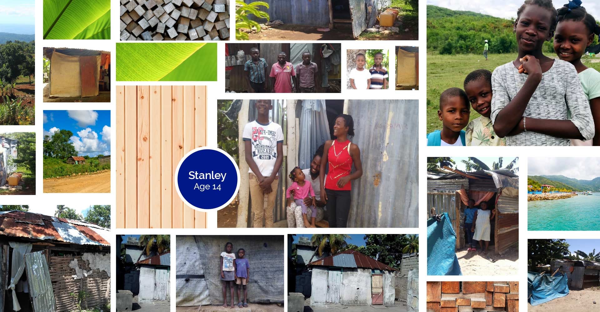 A photo collage of Stanley's home and family in Haiti