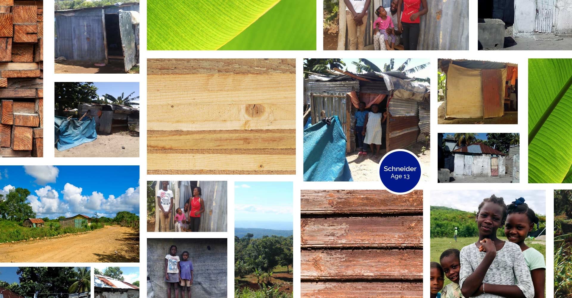 A photo collage of Schneider's home and family in Haiti