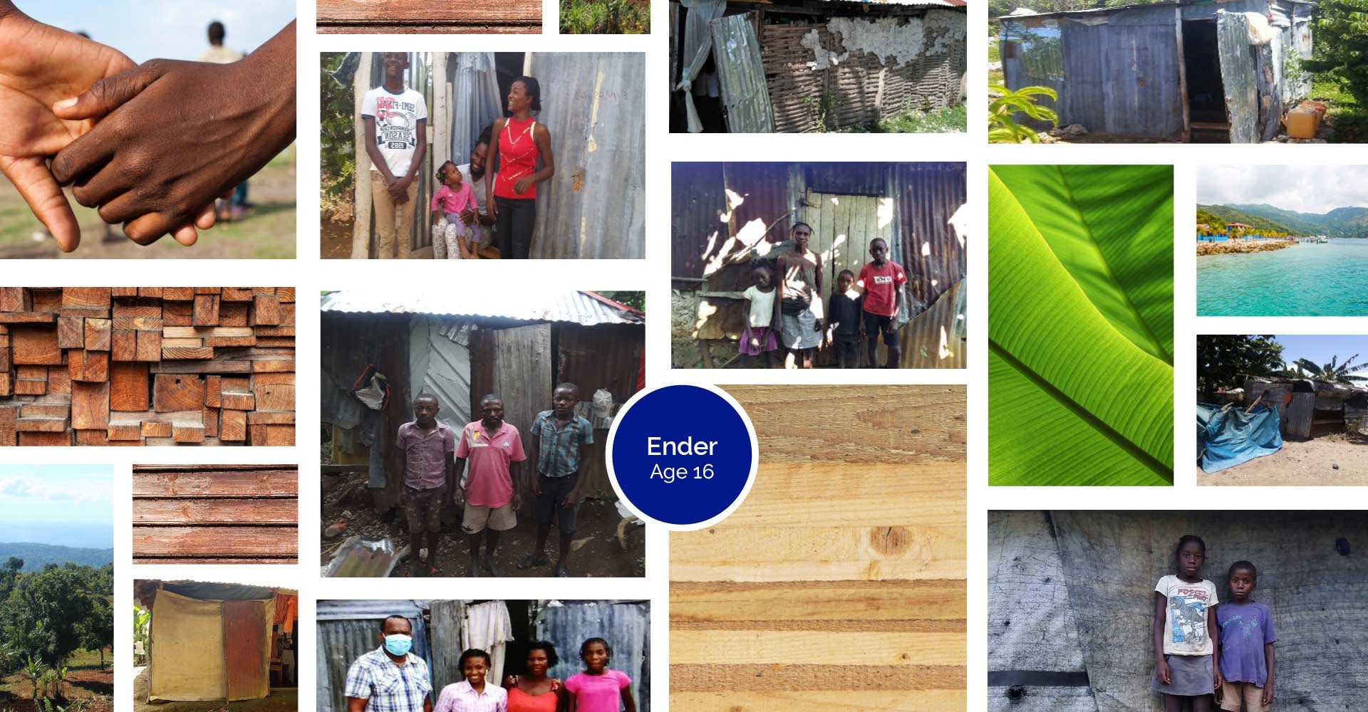 A photo collage of Ender's home and family in Haiti